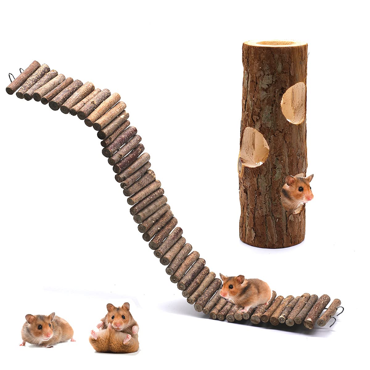 huahuo Hamster Suspension Bridge Toy Wooden Hamster Tunnel Tube Natural Bendable Living Ladder for Hamsters Climb Exercise Chew