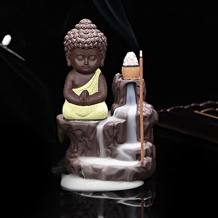 eCraftIndia Meditating Monk Buddha Smoke Backflow Cone Decorative Incense Holder (7 cm x 7 cm x 12, Yellow)