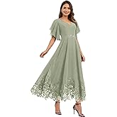 UUJJSO Tea Length Mother of Bride Dresses with Sleeves Chiffon V-Neck Lace Beaded Formal Evening Dresses for Women UU205