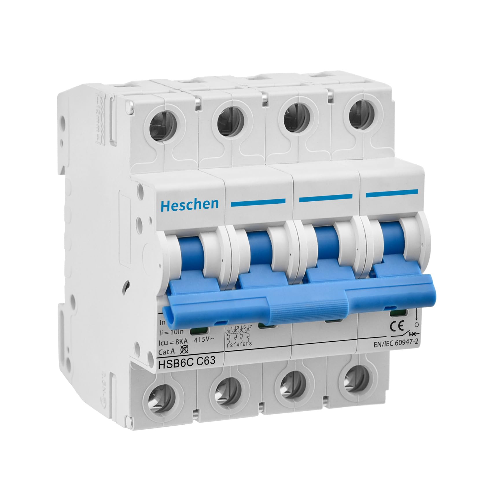 Heschen Miniature Circuit Breaker HSB6C, 63Amp Current, 4 Pole, Type C, 6kA Breaking Capacity, DIN Rail Mounting