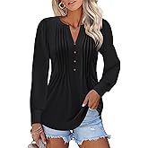 TICTICMISS Women's Puff Long Sleeve Tops Pleated V Neck T Shirts Henley Button Tunic Blouses