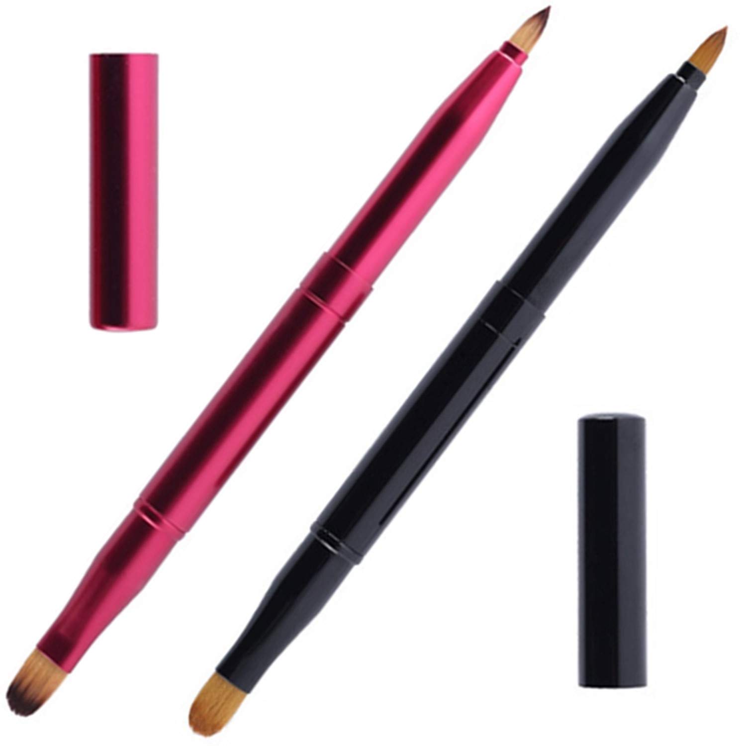 mSure 2 Pcs Retractable Lip Brushes - Dual End Lipstick & Concealer Brush with Cap - Pink & Black - Natural Bristles - Polyester Handle