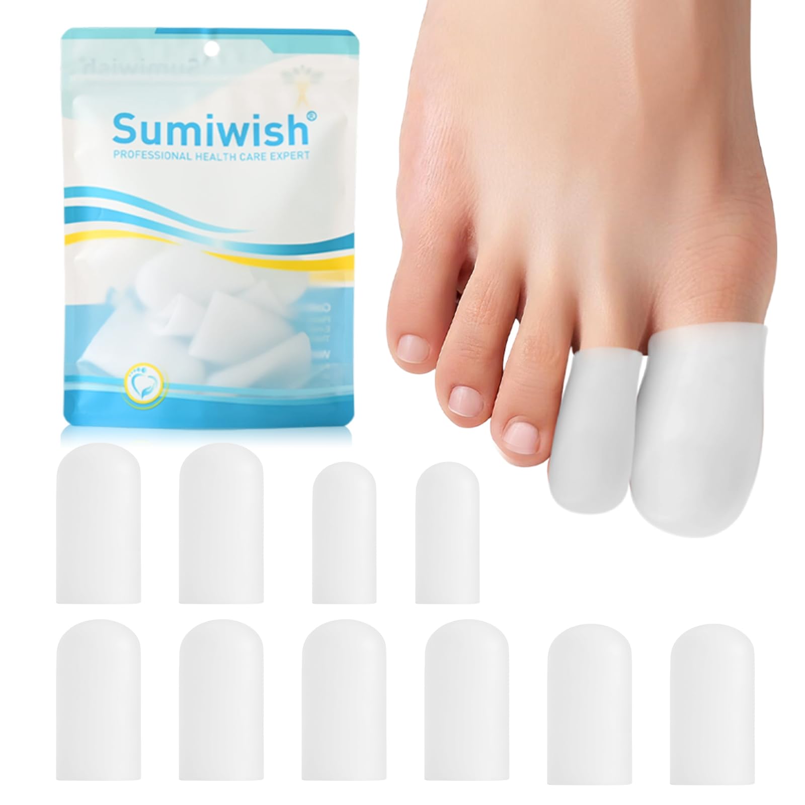 Sumiwish Silicone Toe Protectors - 10 Pack Toe Caps for Big Toe, Toe Covers for Women & Men, Toe Cushions for Pain Relief, Missing or Ingrown Toenails, Corns, Calluses, Blisters, Hammer Toes
