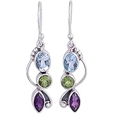 NOVICA Artisan Handmade Multigemstone Dangle Earrings Blue Topaz Peridot Amethyst Sterling Silver Green Multicolor Purple India Birthstone [1.6 in L x 0.3 in W x 0.2 in D] ' Shimmering Alliance'