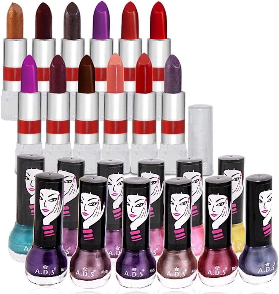 adbeniMakeup Kit Girls Style Budget Beauty 12 Color Nail Polish & 12 Rich Color Lipstick Combo