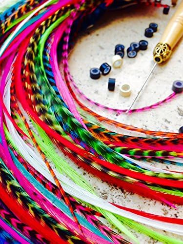 Feather Hair Extension Feather Kit Includes 10 Genuine 100% real feathers 6 - 10+ inches long, beads, and Hook tool