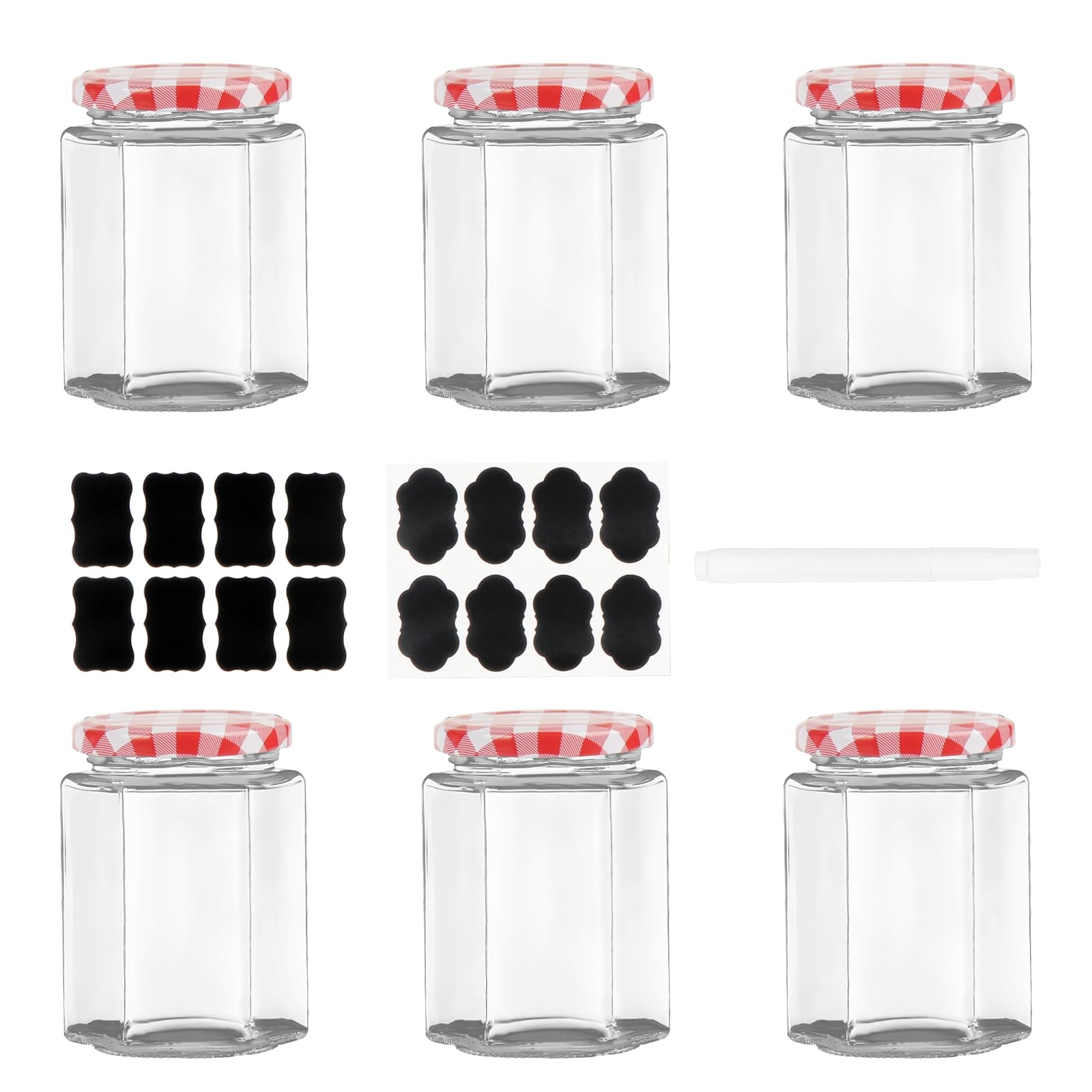 MEETOZ Glass Hexagonal Storage Jars, 280ml / 9oz with Screw Top Red Gingham Lids, Airtight Pickle Jars, for Candle Making & Preserving