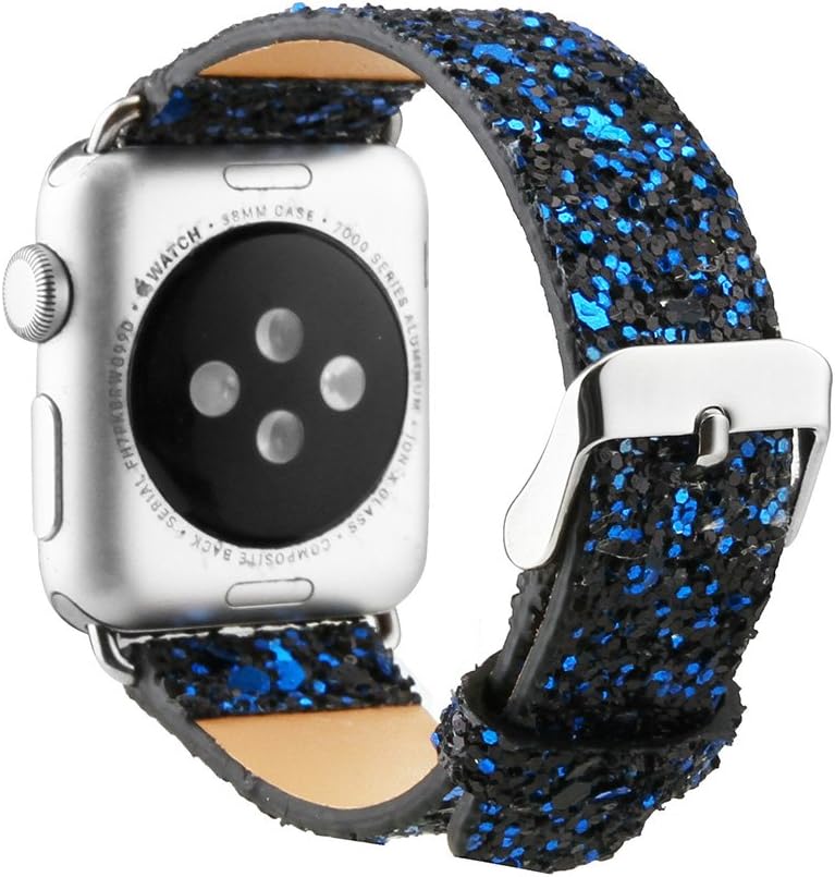 KuToo Replacement for iWatch Band,3D Bling Glitter Leather Watch Band Wristband Bracelet Strap for Series1 2 3 Smart Watch Strap Acessory (42mm Black Blue)