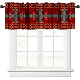JanJCurt Aztec Kitchen Valance, Red Native American Southwestern Hobo Blackout Short Window Treatment Curtain for Living Room Bedroom Barhtoom, 54x18inch