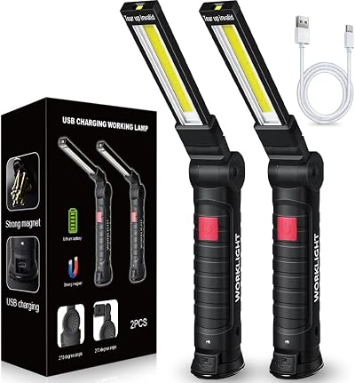 FIBRAVE Rechargeable LED Work Light Magnetic Base 5 Modes Torch (2 Pack Black)