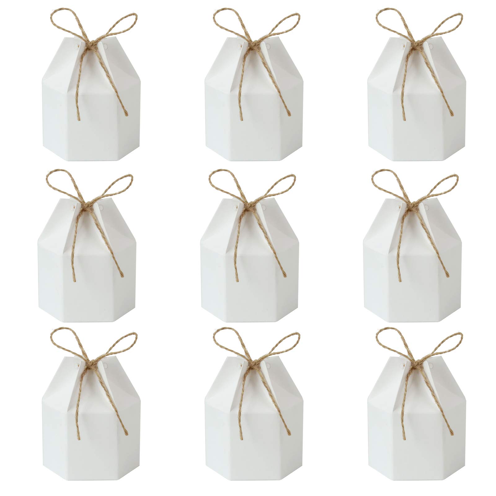 Photo 1 of 50Pack Paper Gift Boxes Lantern Hexagon Kraft Paper Package Box with Twine Candy Chocolate Gift Packing Wrap for Wedding Party Christmas White