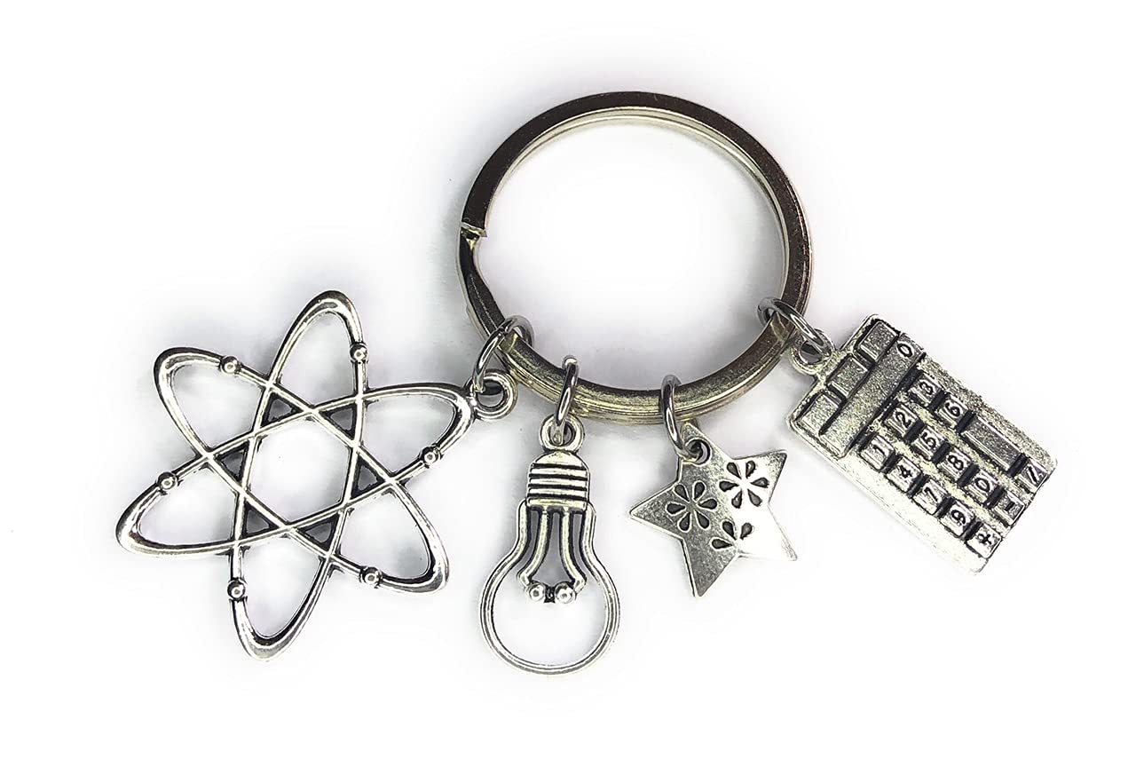 FizzyButton Gifts Physics Teacher Scientist Keyring Key Ring with Silver Tone Atom, Light Bulb, Calculator and Star Charms