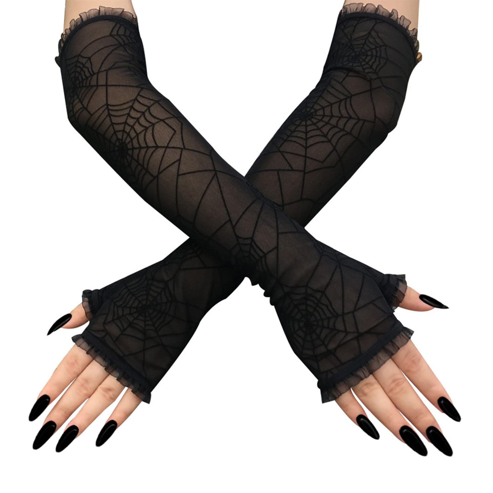 Lusiaina Halloween Black Gloves, Extended Lace Masquerade Cosplay Gloves with Spider Web Pattern for Women Carnival Halloween Party