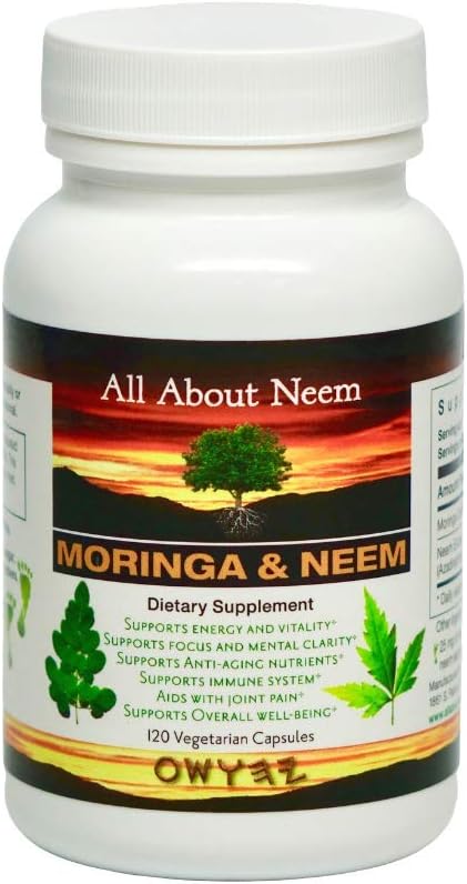 Moringa Neem Leaf Capsules All Natural Organic 120 Count Vegatarian Capsules Made in USA Moringa Oleifera 400 mg Azadirachta Indica 500mg - Natural Body Cleanse, Energy Booster: Health & Personal Care