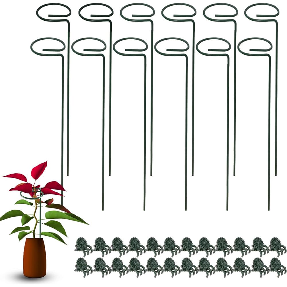 12 Pack Plant Supports for Indoor Plants,40cm Garden Stakes with 24 Orchid Clips,Garden Single Stem Metal Plant Support Stake with Plant Clips for Flowers Tomatoes Lily Peony Rose Flower Stem