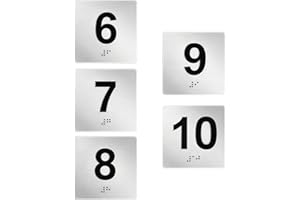 Exam Room Signs with Braille and Raised Numbers 6-10 Double Sided Tape Silver 4" x 4" for Apartment Offices Educational Insti