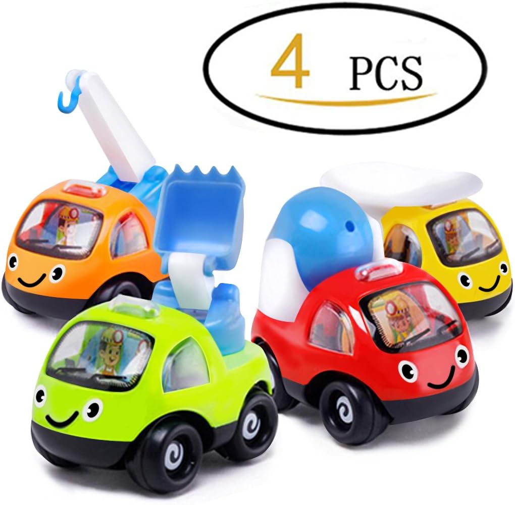 ZLFT 4 Pcs Mini Plastic Pull-back and Go Car Model Toy Sets Classic Construction Team Vehicle Play Push N Go Trucks Dumpers Toy for 2 Year Olds +