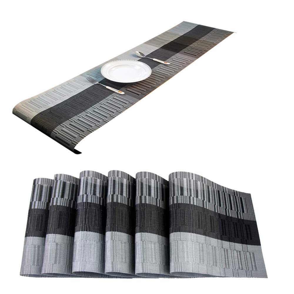 Placemats with Table Runner Set Place Mats, Woven Crossweave Vinyl Kitchen Tablemat, Washable PVC Table Mats for Dining Table, Parties, Farmhouse, Thanksgiving, Christmas & Gathering (Silver & Black)