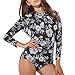 FEIAA Womens Rash Guard Long Sleeve Swimsuit UV Protection Printed Zip Swimwear Beachwear,Black&White Flowers