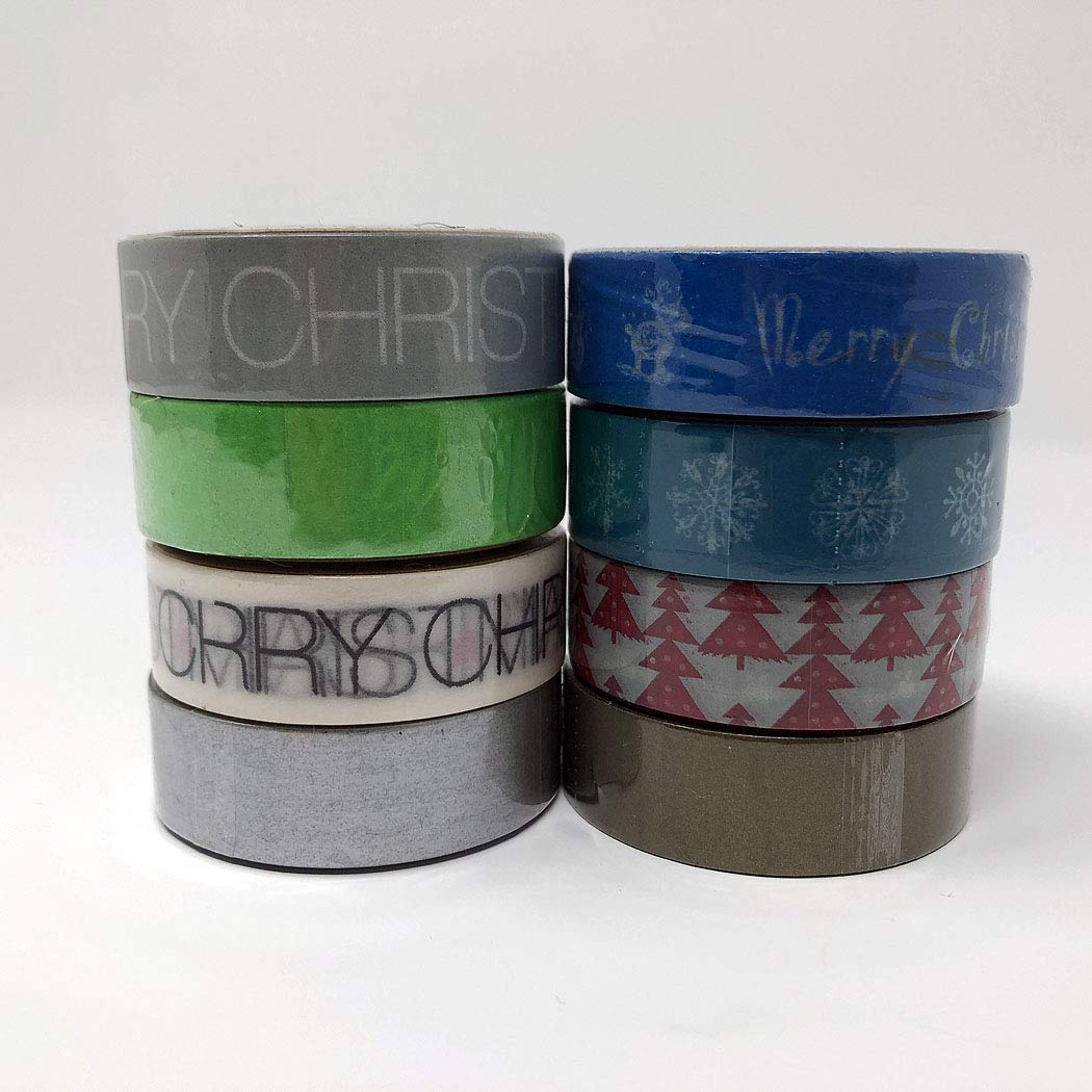 8 roll Set of Green Blue Silver Gold Christmas Paper Washi Tapes 1 cm x 10 m Ideal for Crafting
