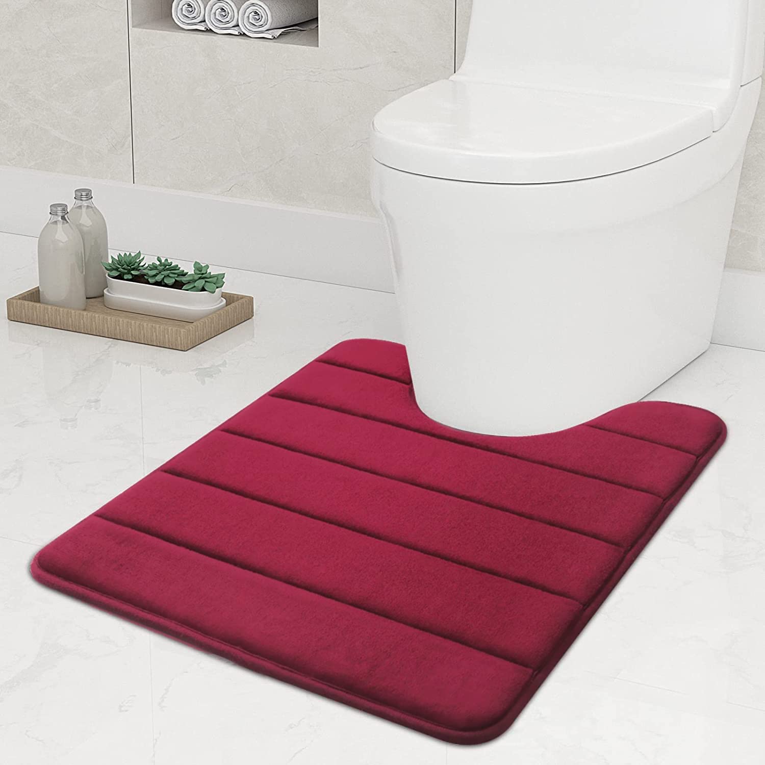 smiry Non-Slip Toilet Mat, Extra Soft U-Shape Pedestal Mat for Toilet, Ultra Absorbent Memory Foam Bathroom Toilet Mat for Floor, Machine-Washable Dry Pedestal Mat Only, 50 x 60 cm, Wine Red