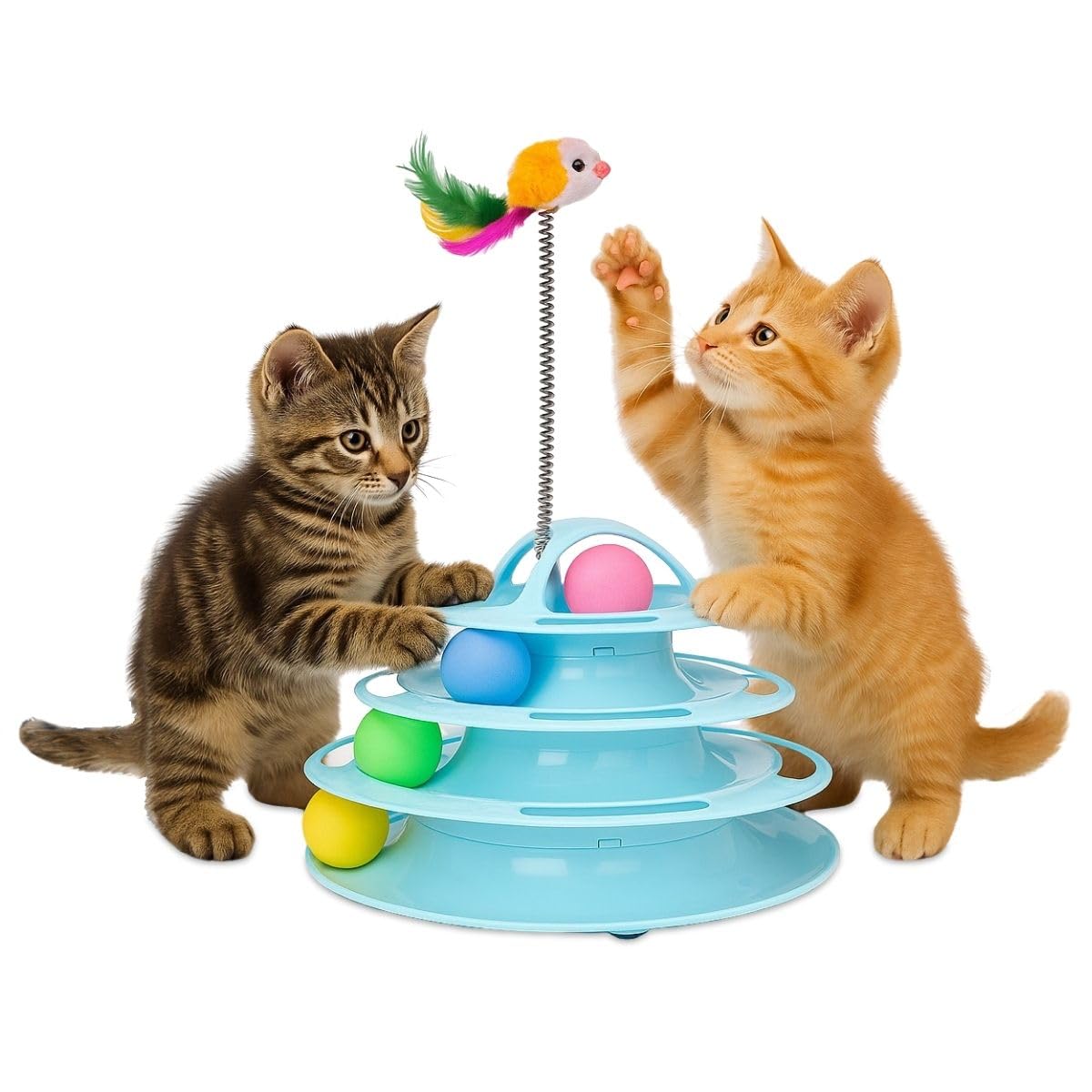 Mobiclinic® Pets Cat Toy Interactive Catplay, Sensory Stimulation, 4 Levels, 4 Balls, Easy to Assemble, 12 x 24 x 16.5 cm, Interactive Tower for Cats, Non-Slip