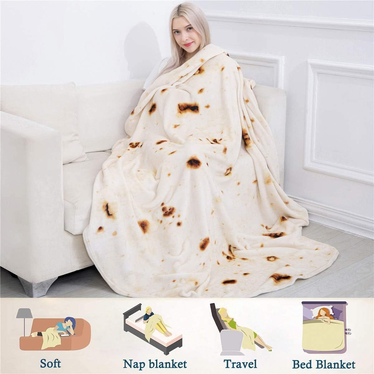 Jorbest Burritos Tortilla Blanket 2.0 Double Sided 60 inches for Adult and Kids, 285 GSM Funny Soft Flannel Taco Blanket, Novelty Giant Food Blanket for Everyone, Yellow Blanket Double Sided: Kitchen & Dining