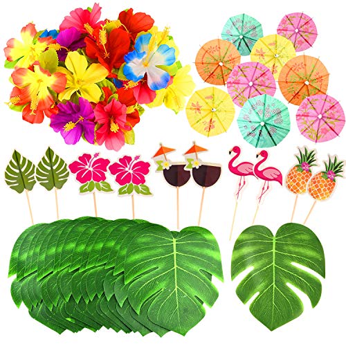 FEPITO 184 PCS Tropische hawaiische Partydekorationen schließt Tropische Palmblätter, Hibiscus-Blumen, Getränk…