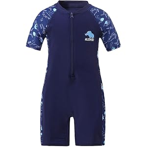 Boys One Piece Rash Guard Swimsuit for Kids Short Sleeve Bathing Suits Zipper Swimwear with Sea Creature Pattern