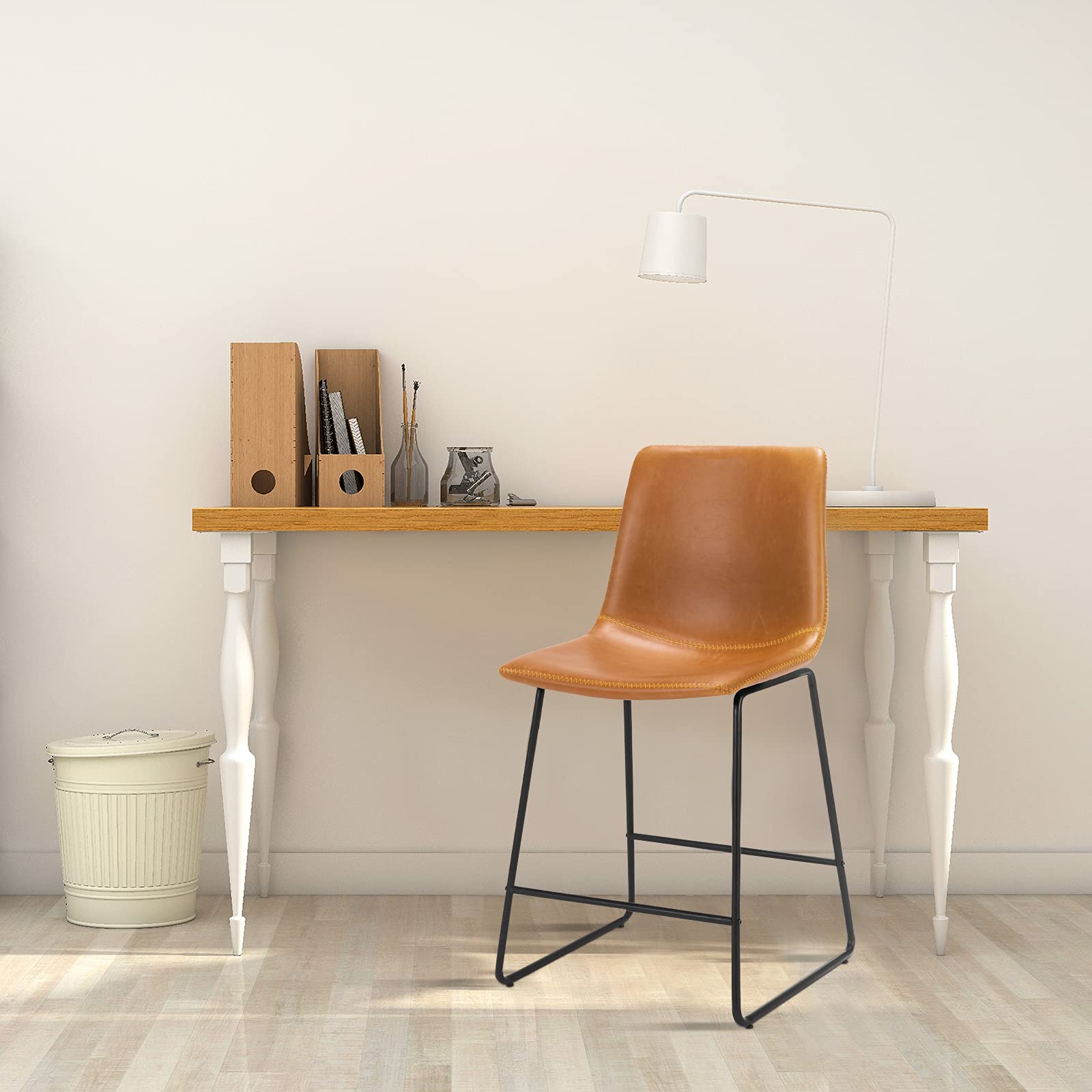 Alexander Indoor/Outdoor Industrial Faux Leather Bar Stools Set of 2,Urban Armless Dining Chairs with Metal Legs, Modern Counter Height Barstools for High Table Home Office Kitchen Island Chair 24"