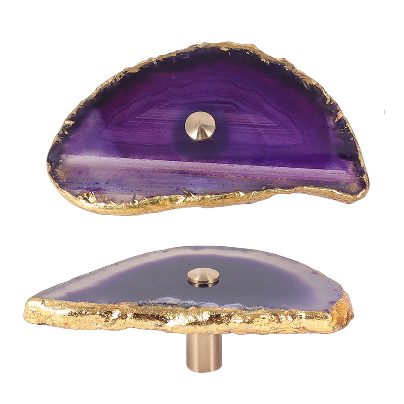 Nupuyai 2pcs Gold Plated Purple Agate Slice Cabinet Knobs Set with Screws, Irregular Vintage Stone Agate Drawer Pulls Dresser Handle for Wardrobe Kitchen