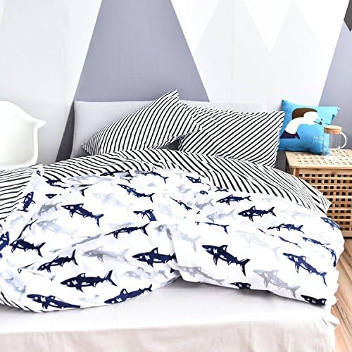 Auvoau Hot Sale!Cartoon Shark Duvet Cover Set White and Blue Bedding Set for Kids Cotton Sheet Sets for Children Twin Queen Size (Full-Fitted Sheet, 2)