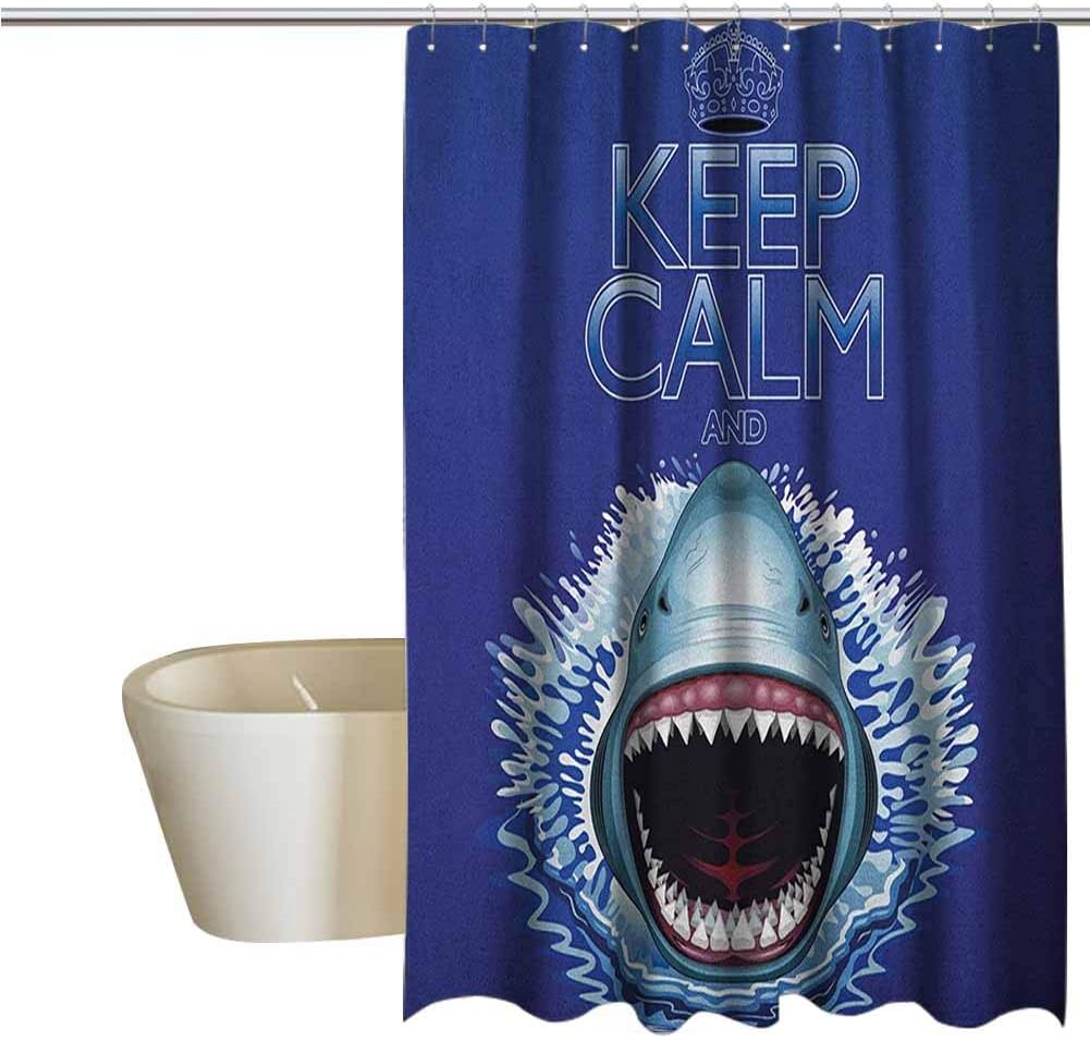 Genhequnan Sea Animals Rustic Shower Curtain Keep Calm and Shark Jaws Attack Predators Hunter Dangerous Wild Aquatic Nature Farmhouse Bathroom Decor W70 x L72 Inch Blue White