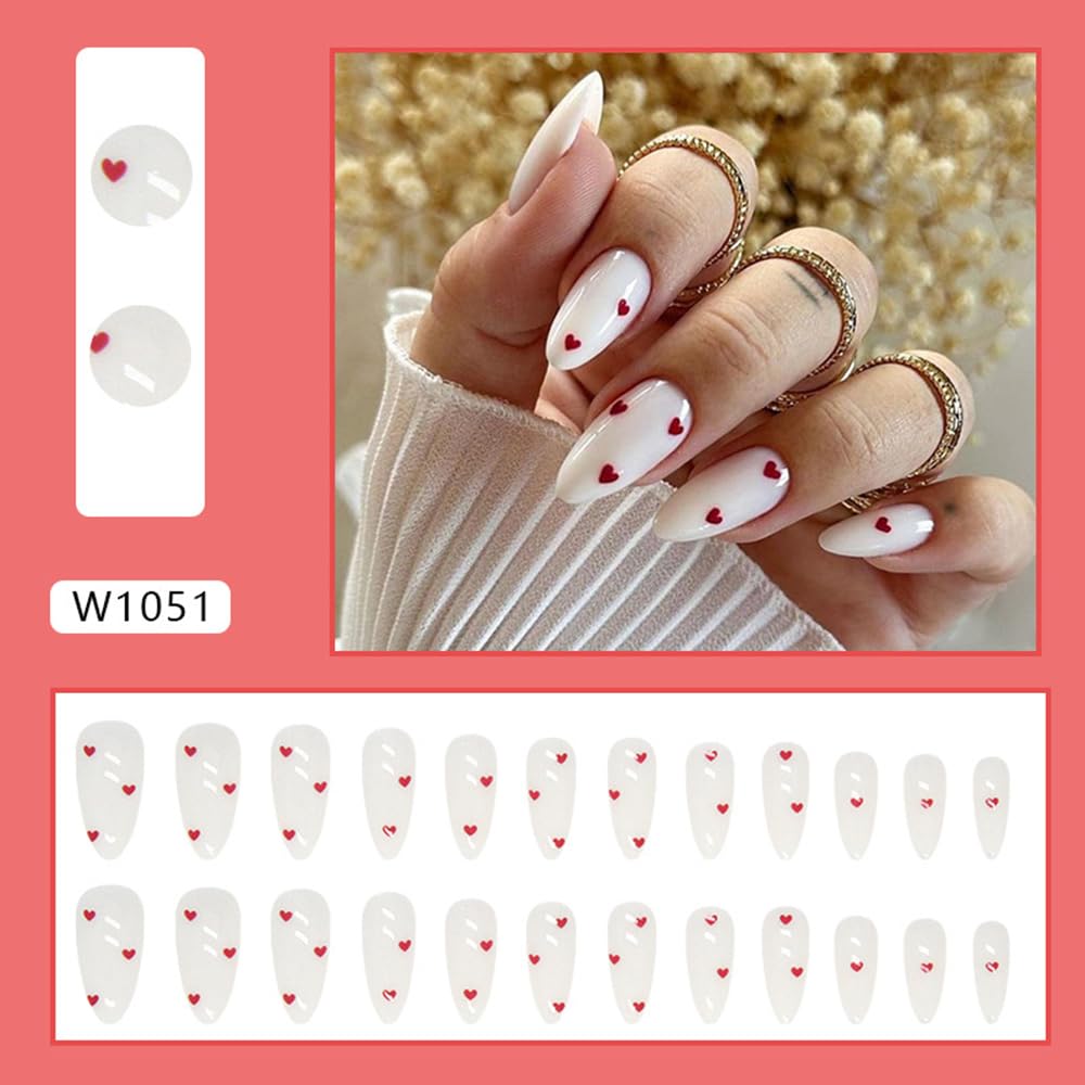 24Pcs Valentines Milky White Press on Nails Medium Almond Fake Nails with Red Heart Design False Nails Valentines Cute Acrylic Stick Glue on Nails for Women Girlfriend Gift - Image 2