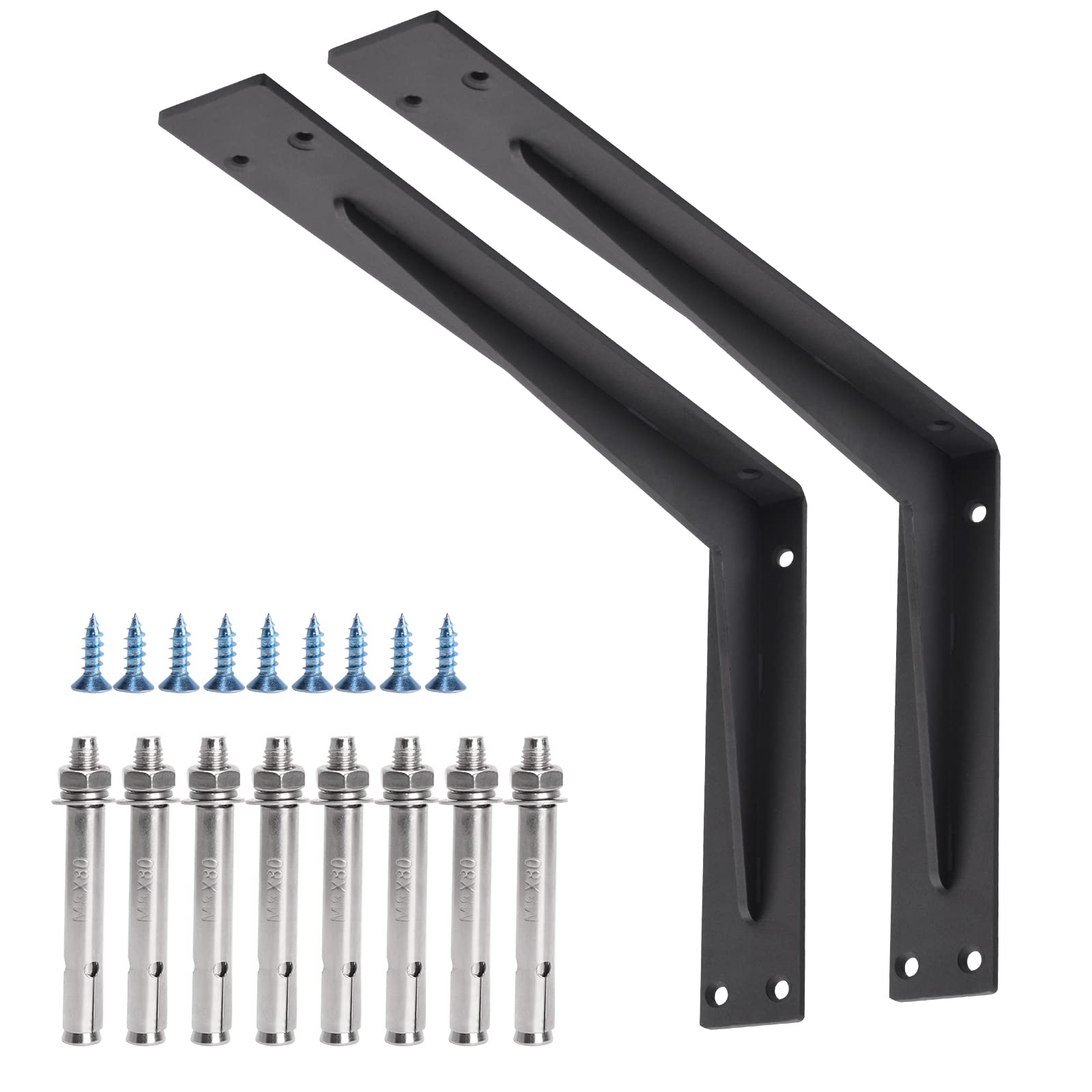 YUMORE Countertop Support Bracket Heavy Duty 16x10x2 in, 1/5IN Thicken Solid L Brackets Countertop Bar Shelf Bracket, Includes Hardware, Matte Black, 2 Pack