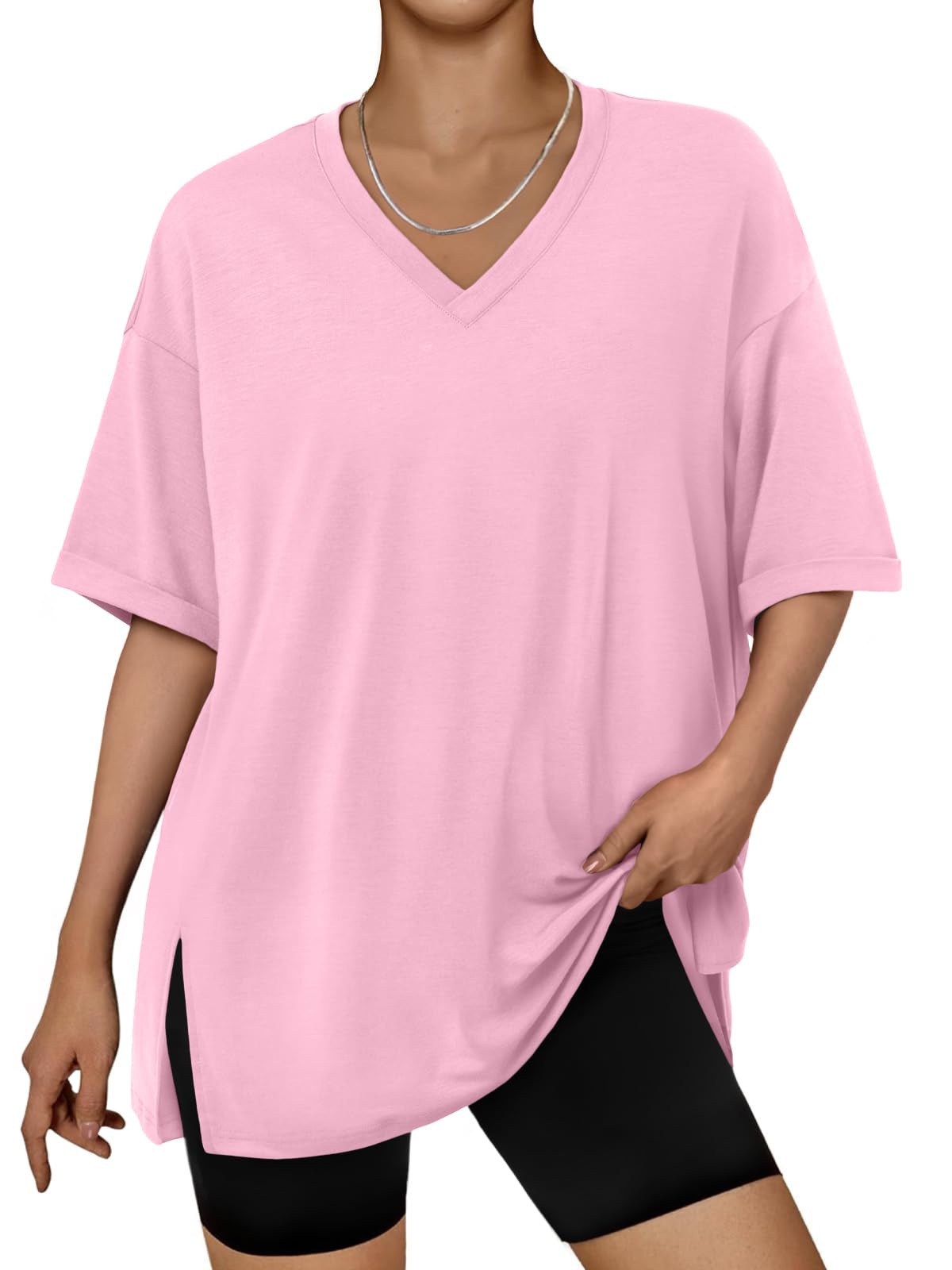 Photo 1 of Trendy Queen Oversized Tshirts for Women Workout Plus Size Tops V Neck Short Sleeve Tunic Side Slit Outing T Shirts 2025 Spring Summer Casual Clothes Loose Fit Basic Tees Light Pink 4XL