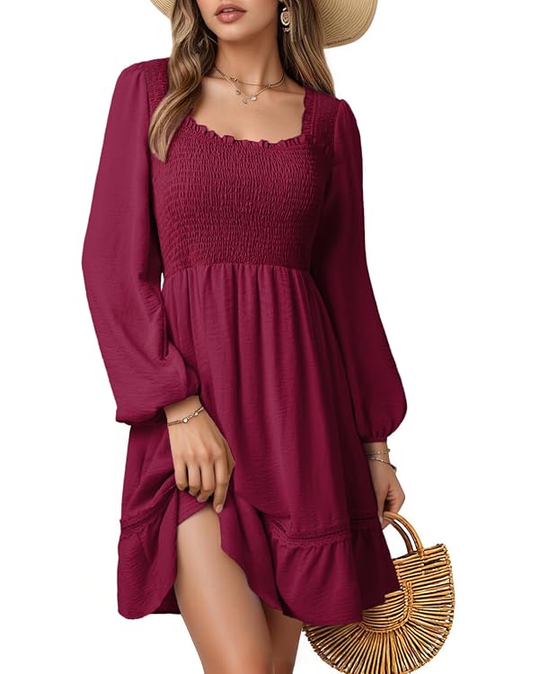 Dokotoo Dresses for Women 2025 Square Neck Long Sleeve Smocked Dress Flowy Tiered Ruffle Lace Beach Dress
