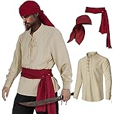 HSDOU Mens Pirate 3 Pcs Costume Set Renaissance Pirate Shirt Medieval Costume Viking