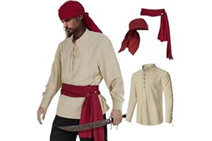HSDOU Mens Pirate 3 Pcs Costume Set Renaissance Pirate Shirt Medieval Costume Viking