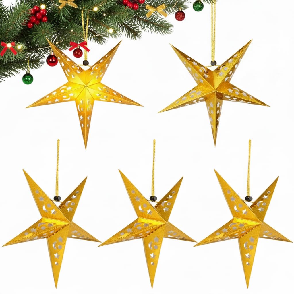 Housoutil Paper Star Lantern Lampshade, 5PCS Christmas Ceiling Star Paper Lampshade, Christmas Hollow 3D Paper Star Pentagram Lampshade for Christmas Xmas Wedding Party Home Hanging Decorations