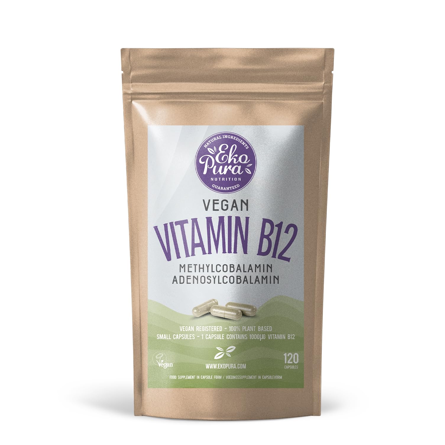 Ekopura Vegan Vitamin B12 Methyl- & Adenosylcobalamin - 120 Small Capsules (1000mcg)|Free from Allergens, GMO, Soy, Gluten, Unhealthy additives | 4 Months Supply (1 Capsule Per Day)