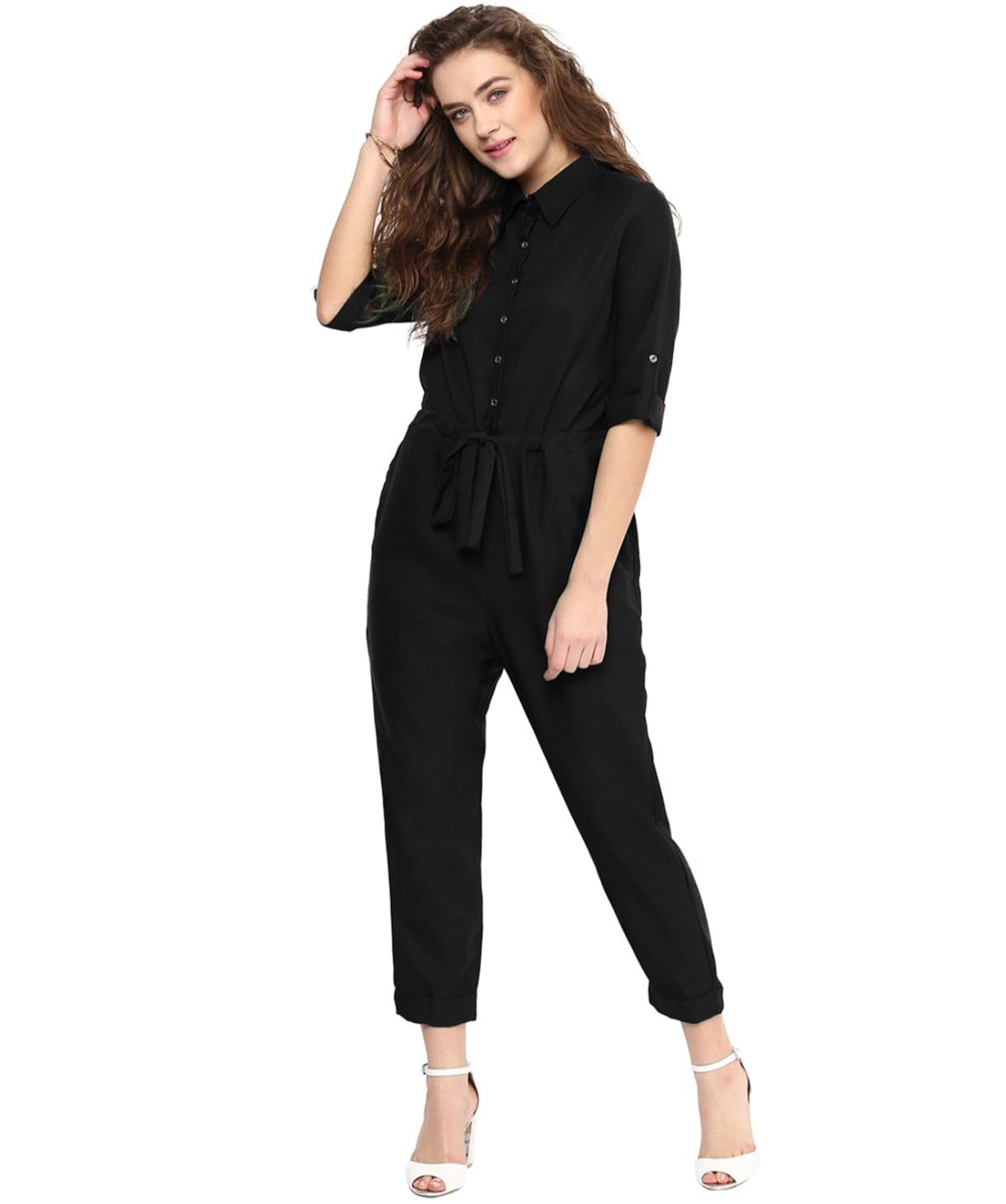 uptownie lite women's crepe roll up jumpsuit (black)