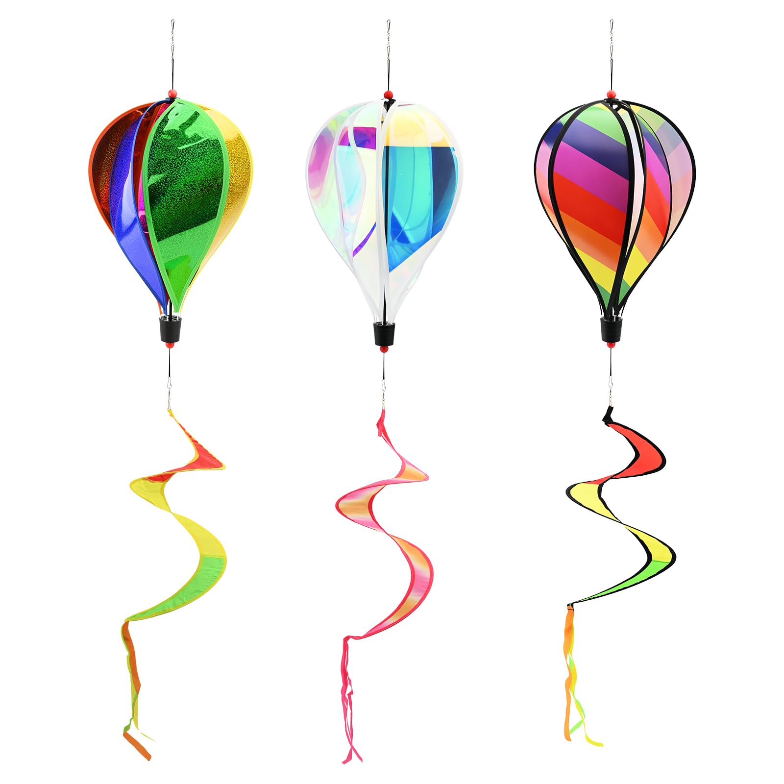 3 Pieces Hot Air Balloon Wind Spinner 27x130cm Colorful Rainbow Windmill Striped Windsock Rotating Sequins Wind Chime Magical Wind Powered Yard Art Decorations for Indoor Outdoor Garden Yard Lawn