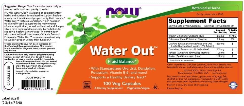 NOW Supplements, Water Out With Standardized Uva Ursi, Dandelion, Potassium and Vitamin B-6, 100 Veg Capsules: Health & Personal Care