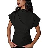Floerns Women's Short Dolman Cap Sleeve Ruched Mock Neck Zipper Back Dressy Casual Tee Shirts