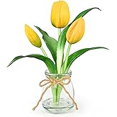 Lovmeety Tulips Artificial Flowers with Vase, Yellow Real Touch Tulips with Faux Water Small Potted Flowers Table Centerpiece for Home Bathroom Office Desk Shelf Wedding Decor