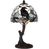Bieye L12010 Raven Tiffany Style Stained Glass Table Lamp (Blue, 8Wx14H) | Full-moon scene; sculpted bare-tree base; red-eye raven detail; inline switch; E26 socket; Gothic ambient lighting