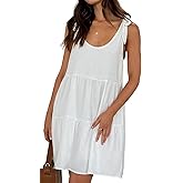 R.Vivimos Womens Summer Casual Cotton Linen Mini Dress 2026 Adjustable Straps Sleeveless Loose Flowy Beach Dress with Pockets