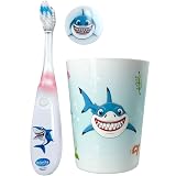 Lily's Home Kids Flashing Timer Toothbrush Kids with Soft Bristles, Rising Cup & Cover - Fun 2-Min Light-Up Brushing for Children - Toddler Soft Toothbrush Kit (Shark)