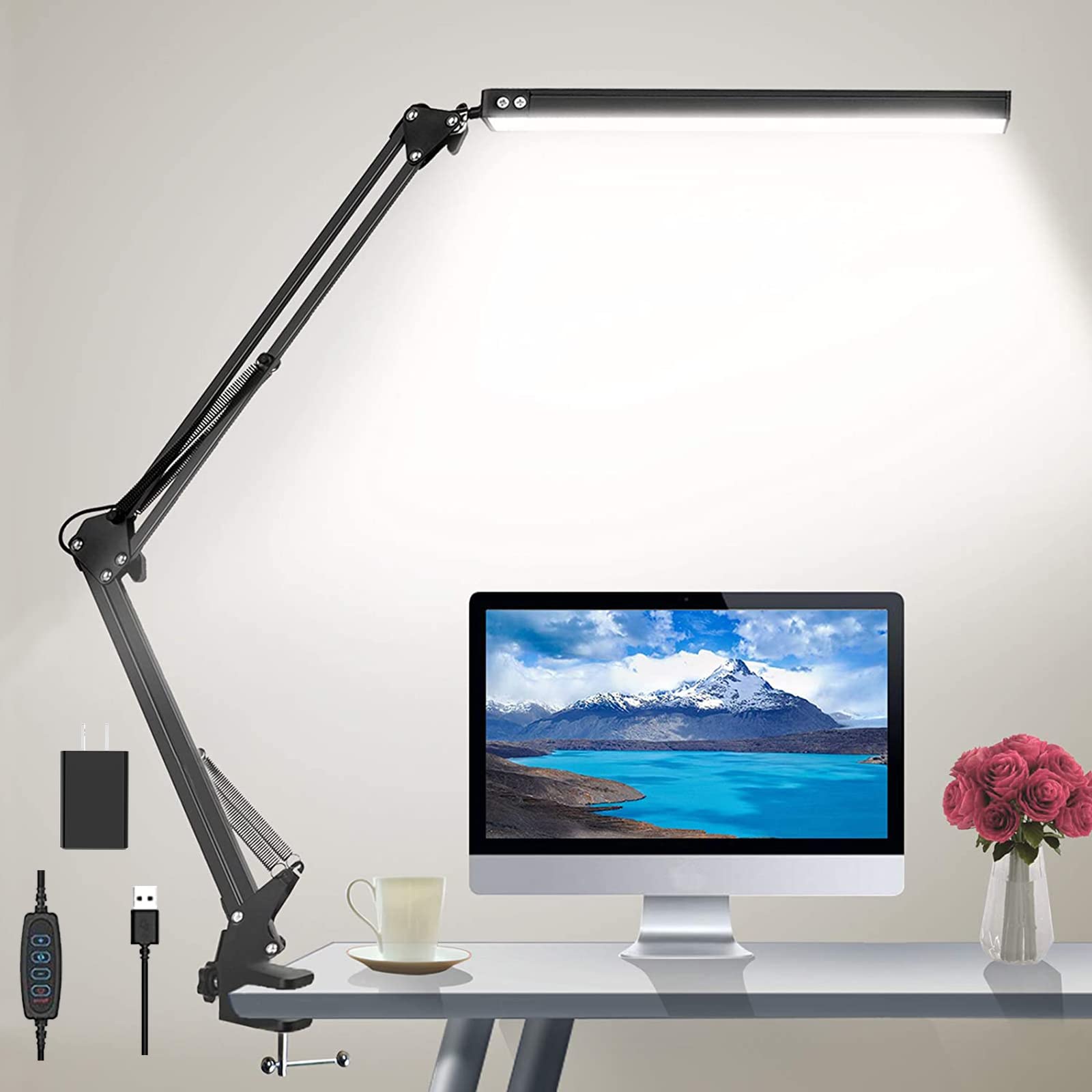 Photo 1 of HaFundy LED Desk Lamp for Home,Office,Reading,Adjustable Eye-Caring Desk Light with Clamp,Swing Arm Lamp Includes 3 Color Modes,10 Brightness Levels Table Lamps with Memory Function